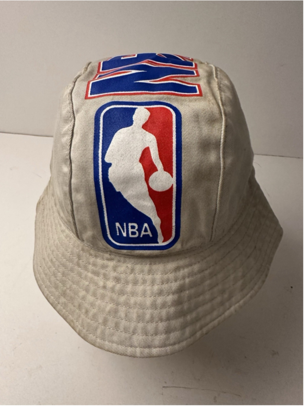 Vintage NBA Logo Bucket Hat Canvas Sun Cap Off White Cream 80s 90s One Size